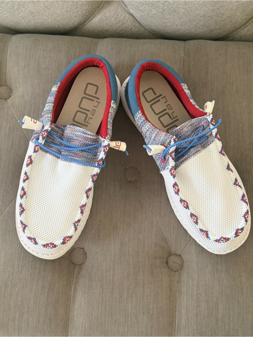 Hand Beaded-New-never worn Hey Dude White Knit Loafers with Blue and Red Accents